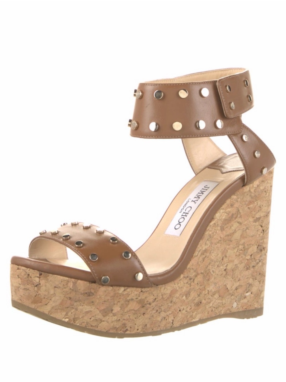 Jimmy Choo Brown Leather Studded Cork Wedge Sandal